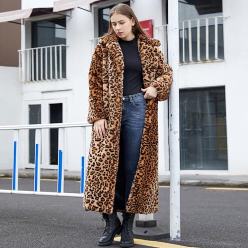 Women's Faux Fur Full Length Leopard Overcoat Warm Soft Coat Outwear Jacket Topcoat4
