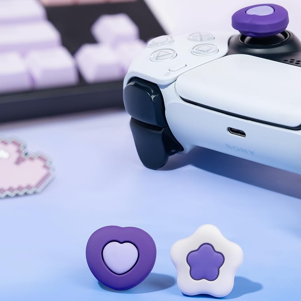 GeekShare Thumb Grips Compatible with PS5 & PS4 Joystick Controller, Non-Slip Controller Grips Silicone Cover Joystick Protection Attachments Controller, Cream Heart, Purple
