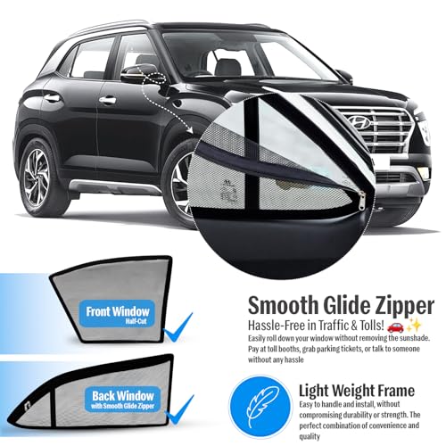Image of Autofact Magnetic Car Sunshades Compatible with Hyundai Creta New (2020 to 2024) (Set of 4) - Easy Installation, UV Protection (Front 2 Half-Cut for Side Mirror Visibility, Rear 2 with Zippers)