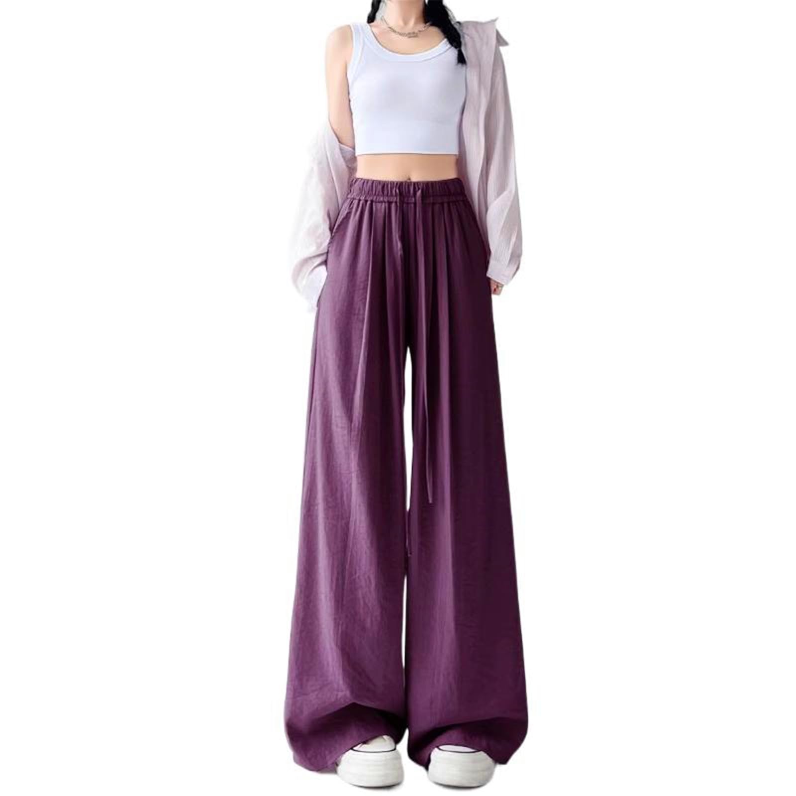 Womens Pants Navy High-Waisted Loose Straight-Leg Wide-Leg Trouser for Women-Purple-Large