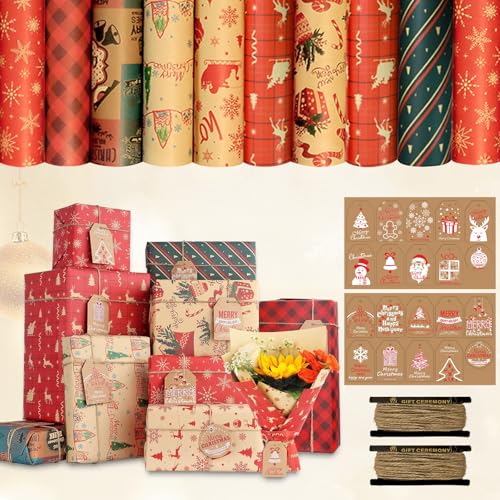 Papel de presente de Natal Kraft, conjunto de 10 folhas de 70 cm x 50 cm com 20 etiquetas para presentes, 2 cordões de juta, papel de presente de Natal para mulheres, homens, meninas e meninos.