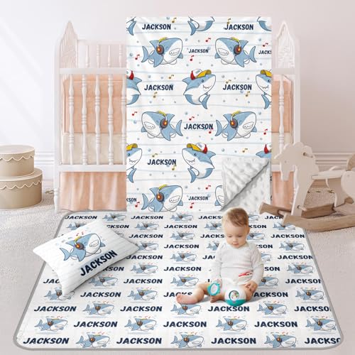GRESATEK Personalized Baby Crib Bedding Set- Cotton 3 Piece Including Floor Mat, Double Layer Blanket, Pillow Cover- Nursery Crib Comforter Set- Birthday Gift for Toddler Baby Girl Boy White Shark