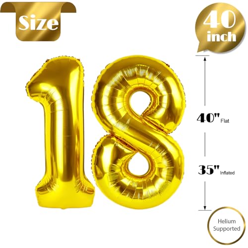 Image of Gold Number 18 Balloon 40 inch, 18 Number Balloons, 18th Gold Birthday Decorations, 18 Year Old Golden Party Supplies