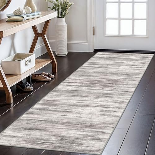 KOZYFLY Modern Abstract Kitchen Runner Rug, 2x6 Washable Rug Runner Non-Slip Soft Striped Hallway Runner Rugs, Grey Beige Print Distressed Carpet Runner for Entryway Bathroom Laundry Room Foyer