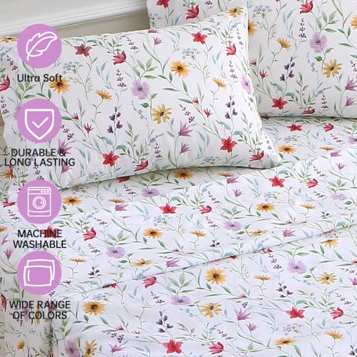 Image of MUXHOMO King Size 4 Piece Sheet Set, Soft & Breathable Sheet with Deep Pocket Up to 16 inch, Wrinkle-Free & Cooling Bed Sheets with Flat Sheet, Fitted Sheet & Pillowcases - Multicolored Flower