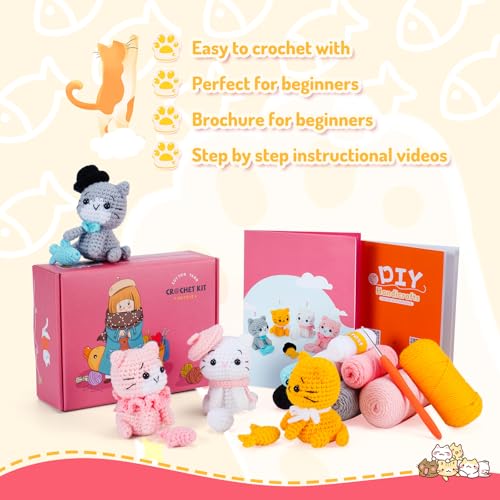 Fortuning's JDS Crochet Kit for Beginners - Cat Crochet Kit with Step-by-Step Video Tutorials, Learn to Crochet Kits for Adults, 4 PCS Crochet Animals Cat with Hat, Toy, Fish Crocheting Set - Image 3