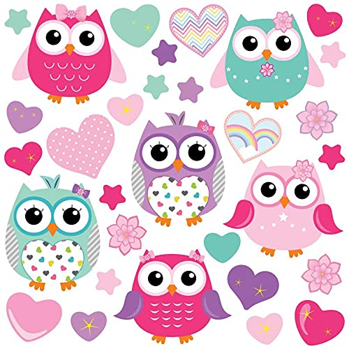 GET STICKING DECOR® Búho Lindo/ Corazón/ Estrella Pegatinas De Pared/ Calcomanías Colección, ColorfulOwls Owls.3, Vinilo Removible Brillante, Multi Color. (Large) Cover