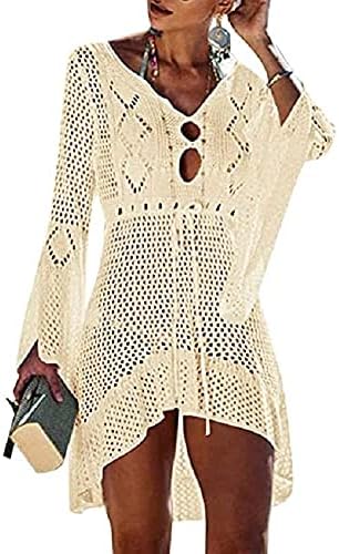 Bikini Cover Up Hollow Out Beachwear V Neck Loose Knit Beach Dress V Neck Crochet Bikini Swim Bathing Suit Cover Up Bell Sleeve Swimsuit Coverups