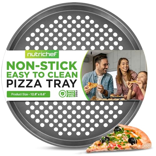 NutriChef 12.8 Inch Nonstick Pizza Pan for Oven - Carbon Steel Pizza Baking Tray with Airflow Holes - Premium Bakeware for Fresh & Frozen Pizza, Dishwasher Safe - Gray