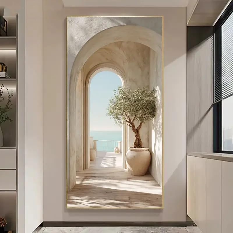 Toile arche d'oliviers pour illuminer un salon sombre avec une déco murale claire
