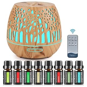 GuKKK Diffuseur d’Huiles Essentielles, 400ML Ultrasonique Humidificateur Diffuseur Aromathérapie Electrique, avec 8 * 10ml Huiles Essentielles, avec Télécommande et 7 Couleurs Lumières LED, pour Home