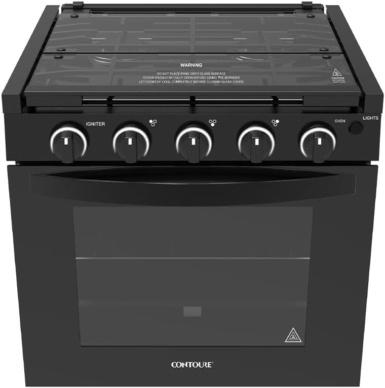 CONTOURE 21” RV Drop-In Gas Range with Oven – 3 Burner Propane Stove, Flame Failure Safety Device, Cast Iron Grates, Glass Cover, LED Knobs – Black (GR-21TCBB)