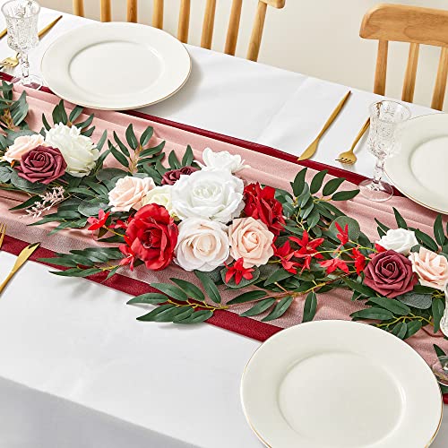 Roselywed Eucalyptus Garland With Flowers 6.9Ft, Table Runner With Artificial Flowers Handcrafted Wedding Sweetheart Table Centerpieces For Arch Backdrop Wedding Decorations | Burgundy #TOP3