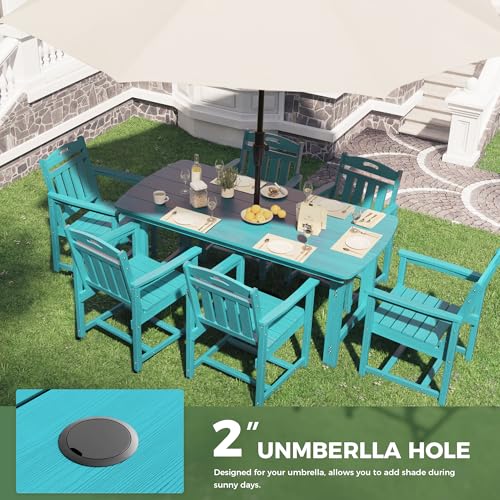 Image of HDPE Outdoor Dining Set, Patio Table and Chairs Set, All-Weather 7-Piece Outside Table and 6 Chairs, 2 inch Umbrella Hole, Outdoor Furniture for Garden, Poolside, Backyard, Deck | Lake Blue