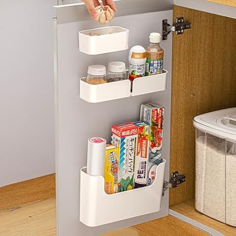 MORNITE Adhesive Cabinet Door Organizer Storage 4 Pack, Door Rack Shelves Holder for Sink Kitchen Bathroom RV Pantry Bedroom Closet Laundry Office, White Cover