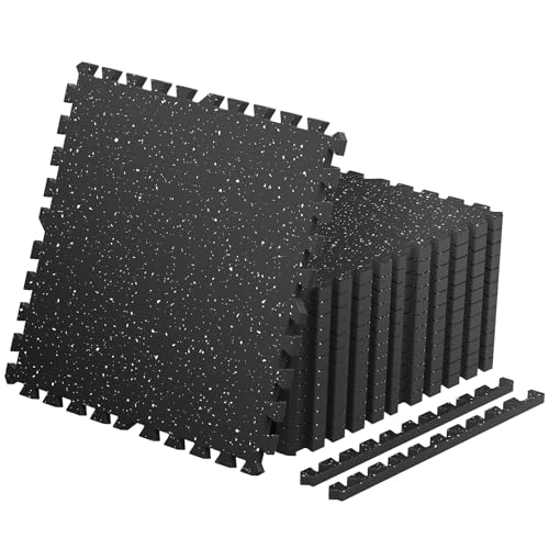FLEXLIFT 0.56'' Thick 12 Pcs 48 Sq Ft Non-Slip Rubber Top Exercise Equipment Mats, High Density EVA Foam Mats with Rubber Top, Interlocking Puzzle Gym Flooring for Home Gym, Workout Floor Mats, Black