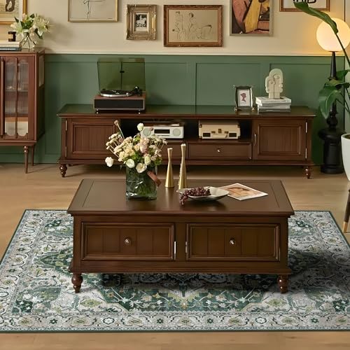 Deerly Green Vintage Area Rug 4x6 Washable Thin Boho Rug for Living Room Bedroom Non-Slip Lightweight Indoor Carpet for Kitchen Entryway Dining Room Office, Green/Multi