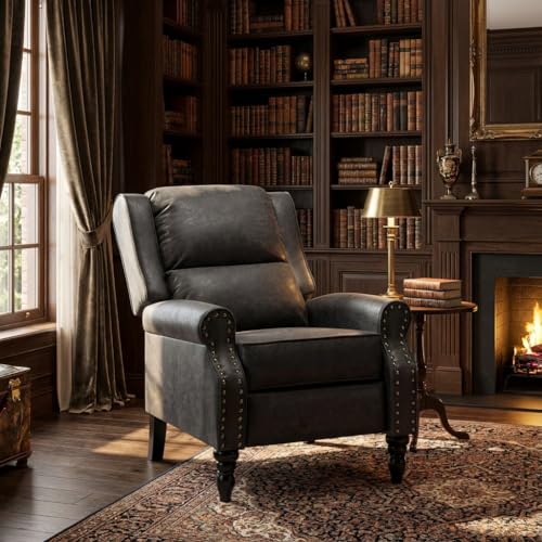 Image of Leather Recliner Chair, Pushback Recliner Chair with Overstuffed Arms Lumbar Support, Mid Modern Pushback Recliners Chair with Adjustable Backrest Footrest for Reading, Living Room, Black
