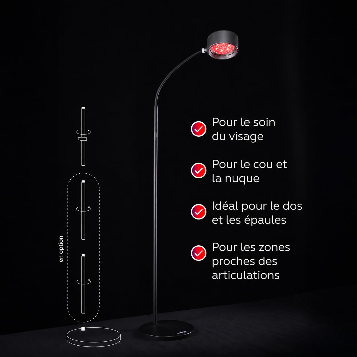 Gen30 Lampe LED à lumière rouge avec 6 longueurs d'onde (630-850 nm) | Lampe lumière rouge et infrarouge proche avec mode vision 670 nm | Réglable en hauteur en continu, mode impulsion (noir)