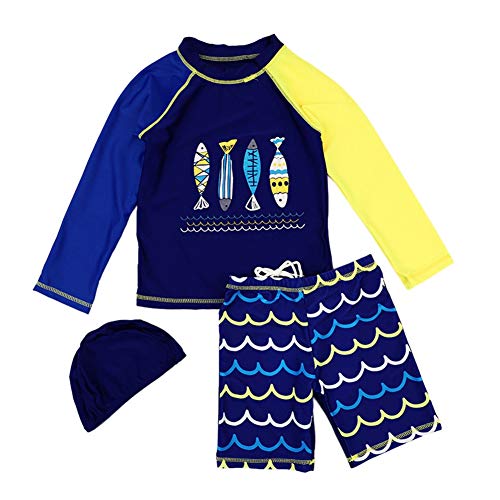 Duevin - Traje de baño infantil con dos piezas alto y pantalón corto unisex para niños, camiseta + pantalones cortos + gorro, Bleu Foncé, 12