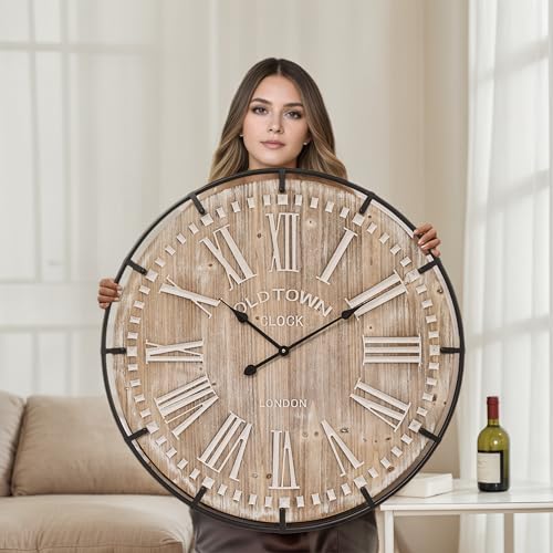 MICWIC Farmhouse Wall Clock 30 Inch - Rustic Wood Metal Decor Silent Sweep Battery Operated for Living Room Kitchen Office Brown