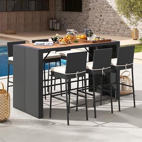 Toolsempire 7-Piece Outdoor Wicker Bar Set, PE Rattan Bar Height Dining Set with Acacia Wood Tabletop & Removable Cushions, Outdoor Wicker Bar Table & 6 Chairs, Patio Bistro Set for Deck & Porch Cover