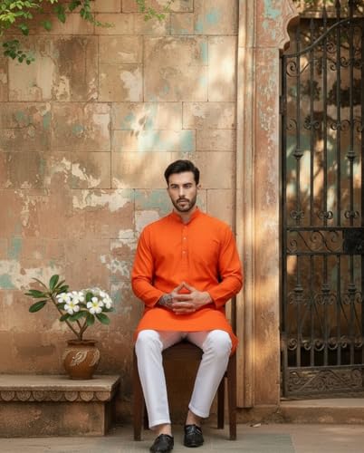Image of Men's Cotton Blend Blend Knee Length Solid Color Style Stright Long Mandrin Collor Ethnic Casual Wear Kurta Only