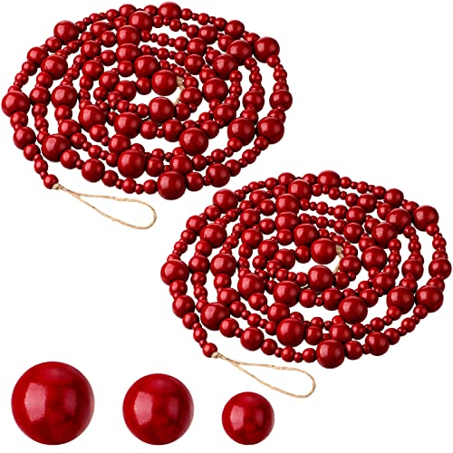 2-Pcs-82-Feet-Rustic-Wooden-Bead-Garland-Dark-Red-Boho-Farmhouse-Christmas-Tree-Decor 2 Pcs 82 Feet Rustic Wooden Bead Garland Dark Red Boho Farmhouse Christmas Tree Decor