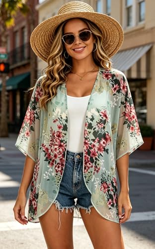 Image of FINOCEANS Womens Floral Chiffon Kimono Cardigans Loose Beach Cover Up Half Sleeve Tops