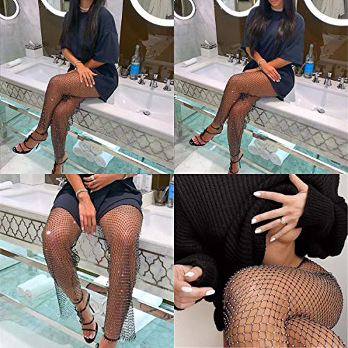 Women Sexy Crystal Rhinestone Mesh Pants Hollow Out Fishnet Leggings for Rave Party Festival Club Beach Cover Up2