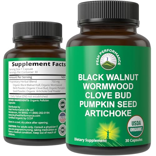 Image of USDA Organic Wormwood Black Walnut Clove Cleanse for Humans. Elimination Detox + Intestinal Support Capsules Supplement for Adults and Kids. Pills with Artichoke and Pumpkin Seed for Added Benefits