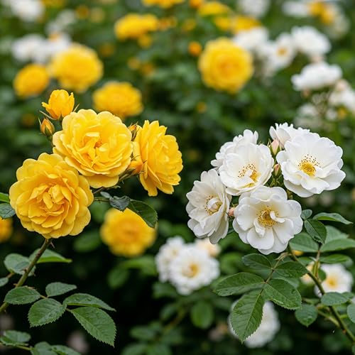Colección Dúo de Rosales Trepadores - Blanco y Amarillo - Lote de 2 Plantas a Raíz Desnuda - Mezcla Veraniega Luminosa, de Fácil Cuidado