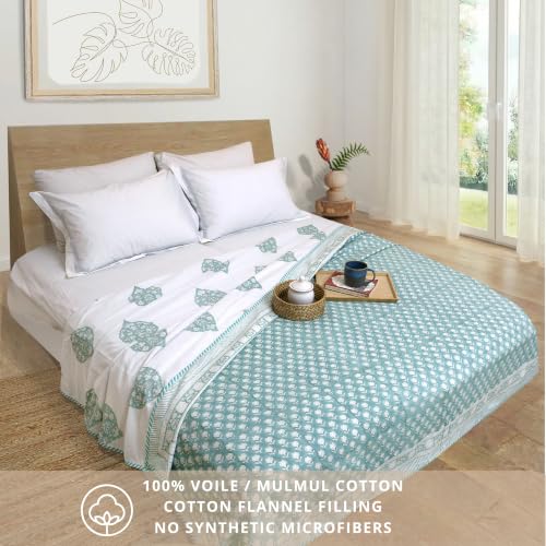 Image of TOAIArt Premium Jaipuri Dohar | AC Blanket Summer Quilt | Hand Block Printed | 3 Layers | Reversible | 150GSM 100% Mulmul Cotton | 100% Cotton Flannel Filling | Queen 90 inch X 108 inch|Cool Summer