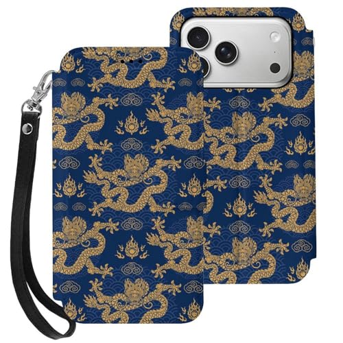 iPhone17 Pro用ケース 青 龍 ドラゴン柄 和柄 アイフォン17 Pro用ケース 手帳型 財布型 PUレザー おしゃれ スマホケース カード収納 スタンド機能 ワイヤレス充電対応 兼用ケース 贈り物