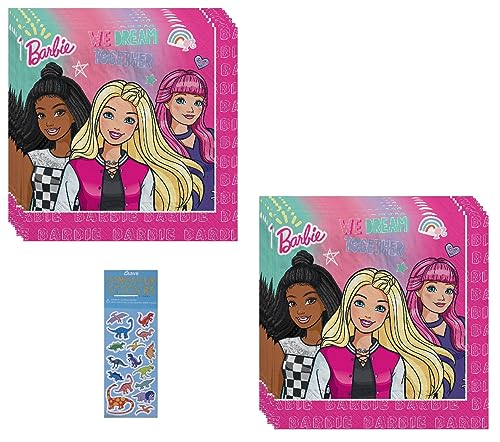 Barbie Birthday Party Supplies Bundle includes 32 Lunch Paper Napkins and 1 Dinosaur Sticker Sheet