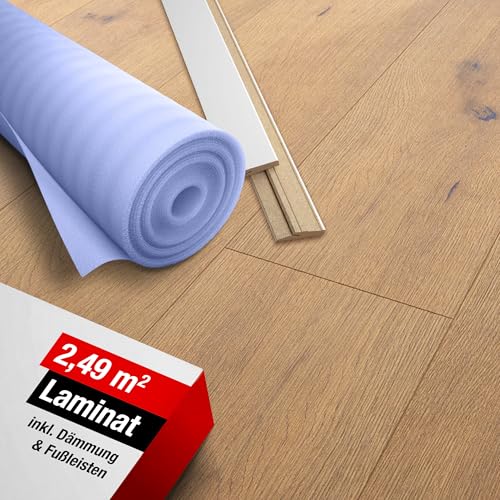 LaminatDEPOT Klick Laminatboden Eiche [2 49 m] inkl. Trittschalldämmung & Sockelleiste Premium Laminat mit einfachem Klicksystem umlaufender Fuge im Dielen-Format echter Holzoptik - Maja Eiche