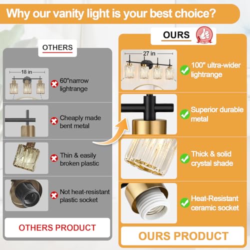 Image of Modern Crystal Bathroom Vanity Light, 4-Light Black and Gold Bathroom Light Fixtures, Clear K9 Crystal Shades, Adjustable Up /Down Mount, E26 Base Wall Sconce (Bulbs Not Included)
