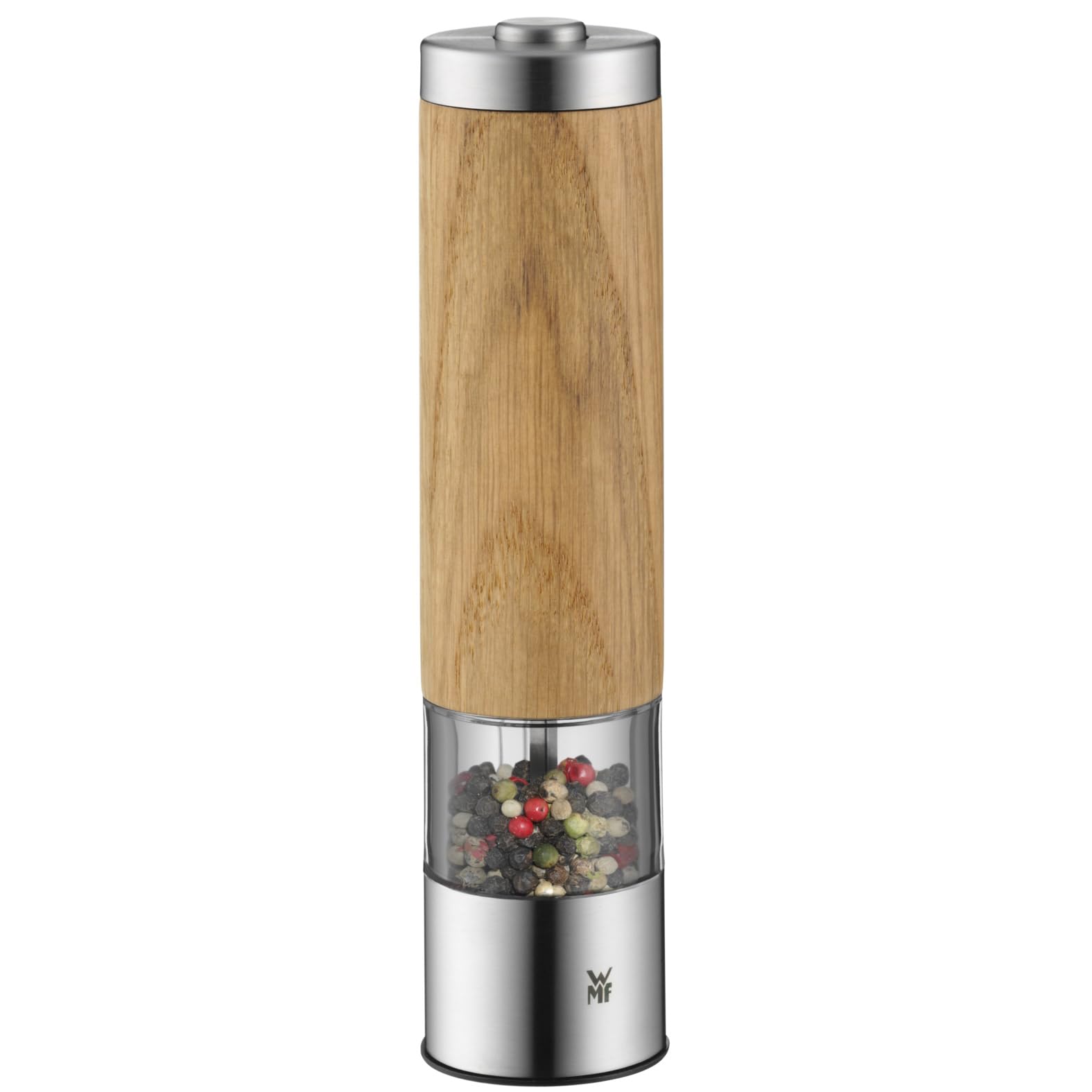 WMF Ceramill Elektrische Mühle 21,5 cm, Salz und Pfeffermühle elektrisch unbefüllt, Eichenholz Cromargan Edelstahl, Keramikmahlwerk