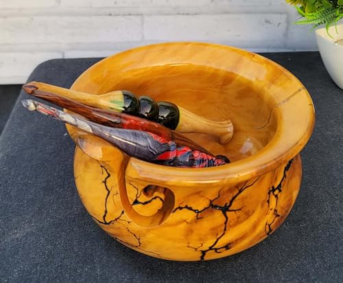 Image of Handmade Yarn Bowl - Lichtenberg Figure Yarn Bowl - Yarn Bowls with Holes Crochet Bowl Holder - Wooden Yarn Bowl for Knitting Yarn Ball Holder - Resin Yarn Storage Bowl 7 inch x 4 inch inches (Medium)