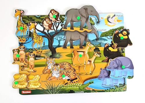 Image of Bumbee Wooden Puzzle Board for Kids | Puzzle Pieces with Knobs for Easy Grip | Montessori Learning Toys for Toddlers 2+ Years | Educational Preschool Puzzle Gift for Kids (Wild Animals Puzzle)