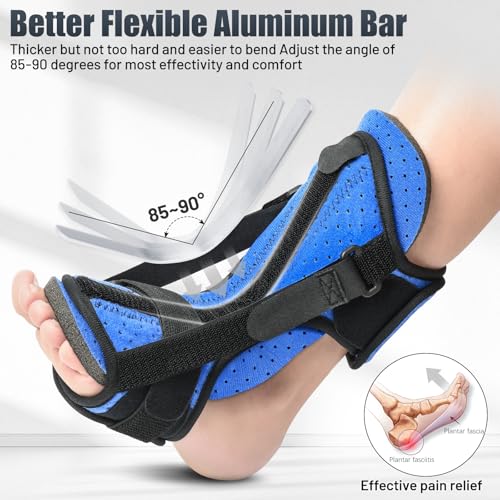 Runkelai Plantar Fasciitis Night Splint with Massage Ball, Adjustable Brace Dorsal Night Splint for Achilles Tendonitis Foot Drop Relief Arch Pain, Comfortable with 4 Straps for Secure Fit Black-Blue