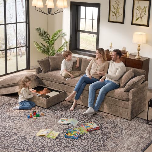 Image of Ihanherry 103 inch Modular Sectional Sofa with Storage, L Shaped Cloud Couch with Movable Ottomans & Throw Pillows, Chenille Deep Seat Sectional Couches for Living Room, Apartment (Brown)
