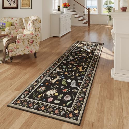 Runner Rug for Kitchen Non Slip 2'x6' Washable Rugs with Rubber Backing Soft Floral Animal Cat Carpet Runner for Kitchen Laundry Bedroom Bathroom, Black
