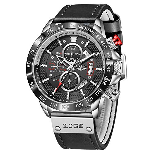 LIGE Men's Watches Sports Chronograph Quartz Stainless Stee Leather Waterproof Outdoor Wrist Watch