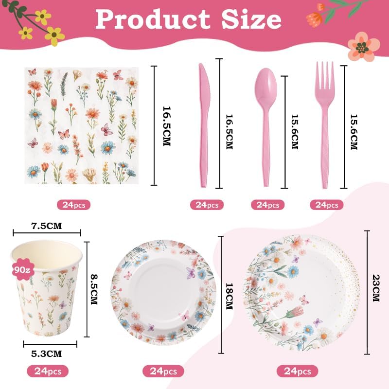 168Pcs Wildflower Party Supplies for 24 Guests Spring Floral Baby Shower Birthday Decorations Disposable Paper Plates and Napkins Knives Spoons Forks Cups for Baby Bridal Shower Birthday Party
