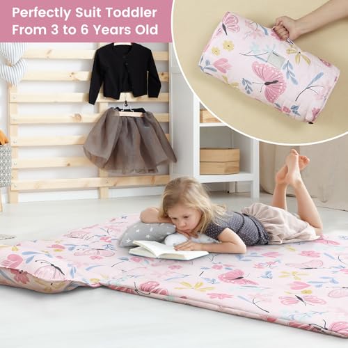 Image of PHF Soft Toddler Nap Mat with Removable Pillow, Rollup Design Kids Sleeping Mat, Slumber Bags for Girls, 55 inchx23 inch Toddler Sleeping Bag for Daycare Preschool Travel Camping, Butterfly