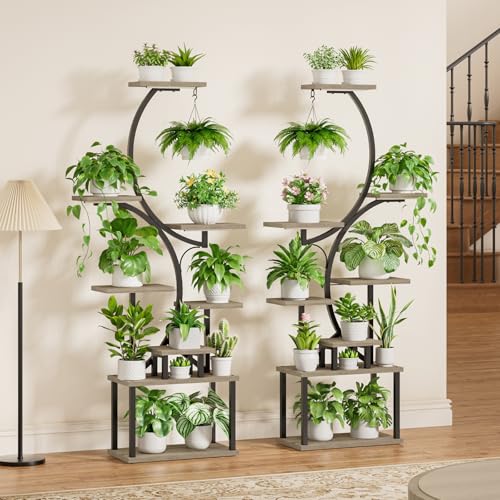 Image of BACEKOLL Plant Stand Indoor with Grow Light - 2 Pack Tall Indoor Plant Shelf, 62 inch Corner Plant Holder, 8 Tiered Large S-Shape Flower Multiple Display Shelf for Home, Grey