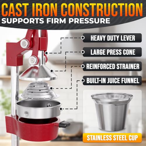 Image of Cast Iron Juicer Hand Press, Heavy-Duty Squeezer (Red) | Lever Manual Citrus Press Juicer & Orange Squeezer for Lemon, Lime & Lemonade; Steel Cone & Strainer; for Home or Bar