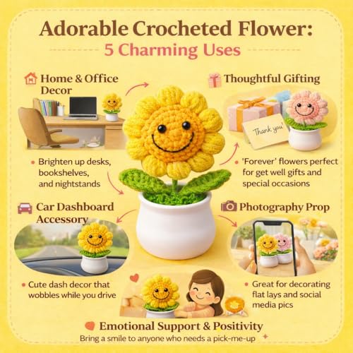Image of Amazon Brand - Umi Handmade Crochet Flower Pot for Home & Office Decor, Cute Smiling Floral Tabletop Showpiece, Aesthetic Desk Decoration, Unique Gift for Friends Family & Loved Ones (Sunny Yellow)