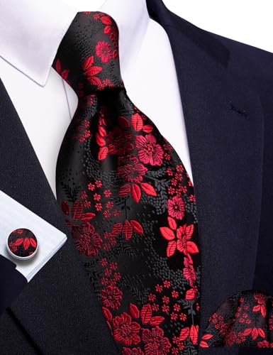 Image of Barry.Wang Flower Ties for Men Silk Woven Floral Tie Sets Necktie Handkerchief Cufflinks Wedding Party